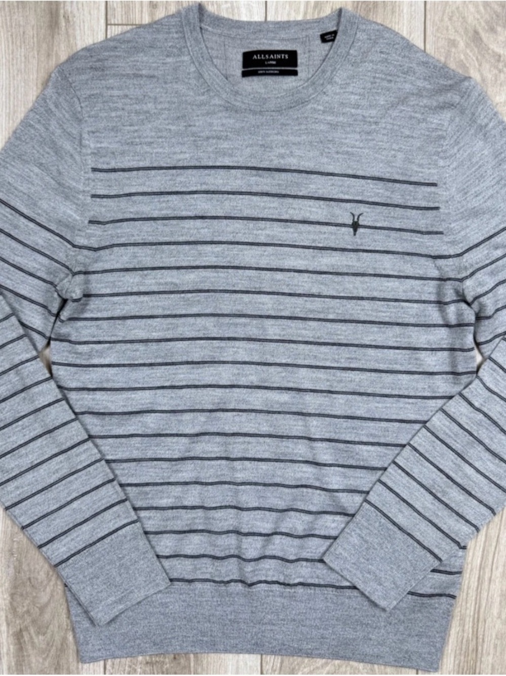 AllSaints Merino Wool Sweater Gray Striped Crewneck Size Large